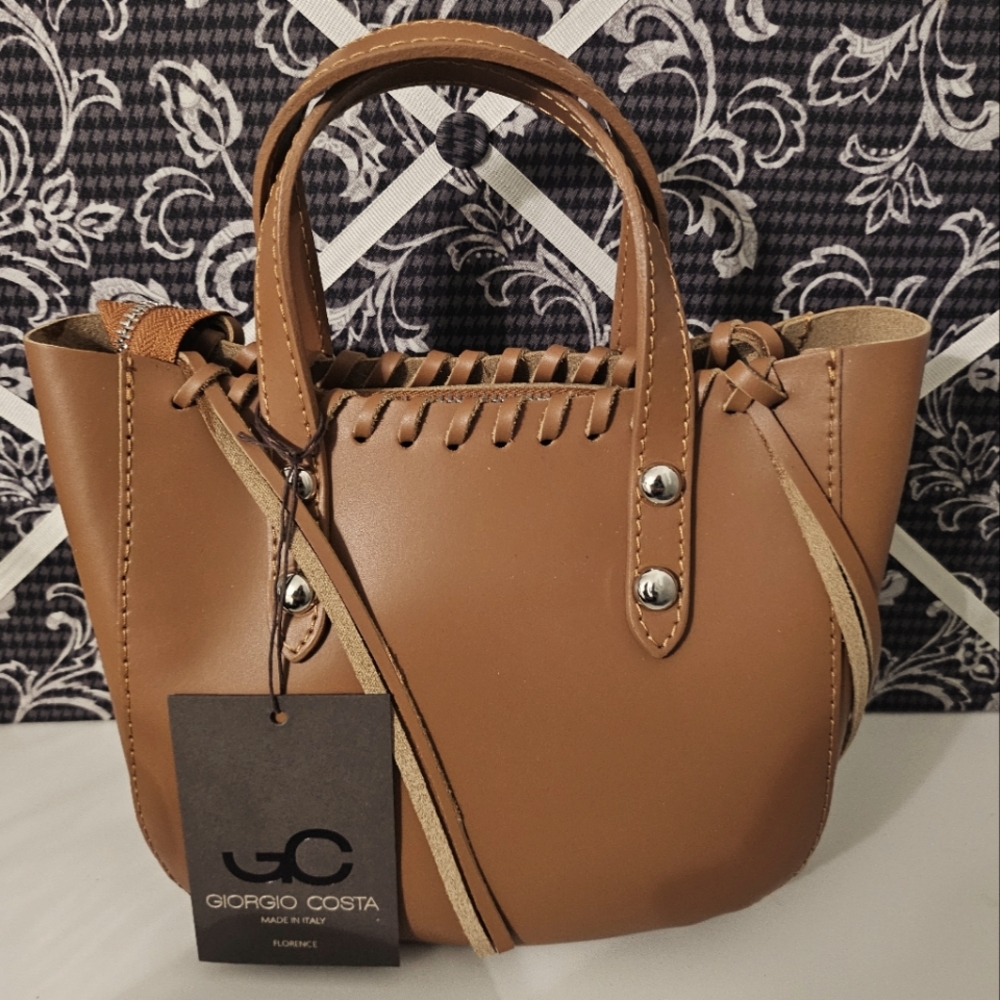 Giorgio Costa Leather Braided Satchel top handle cognac crossbody